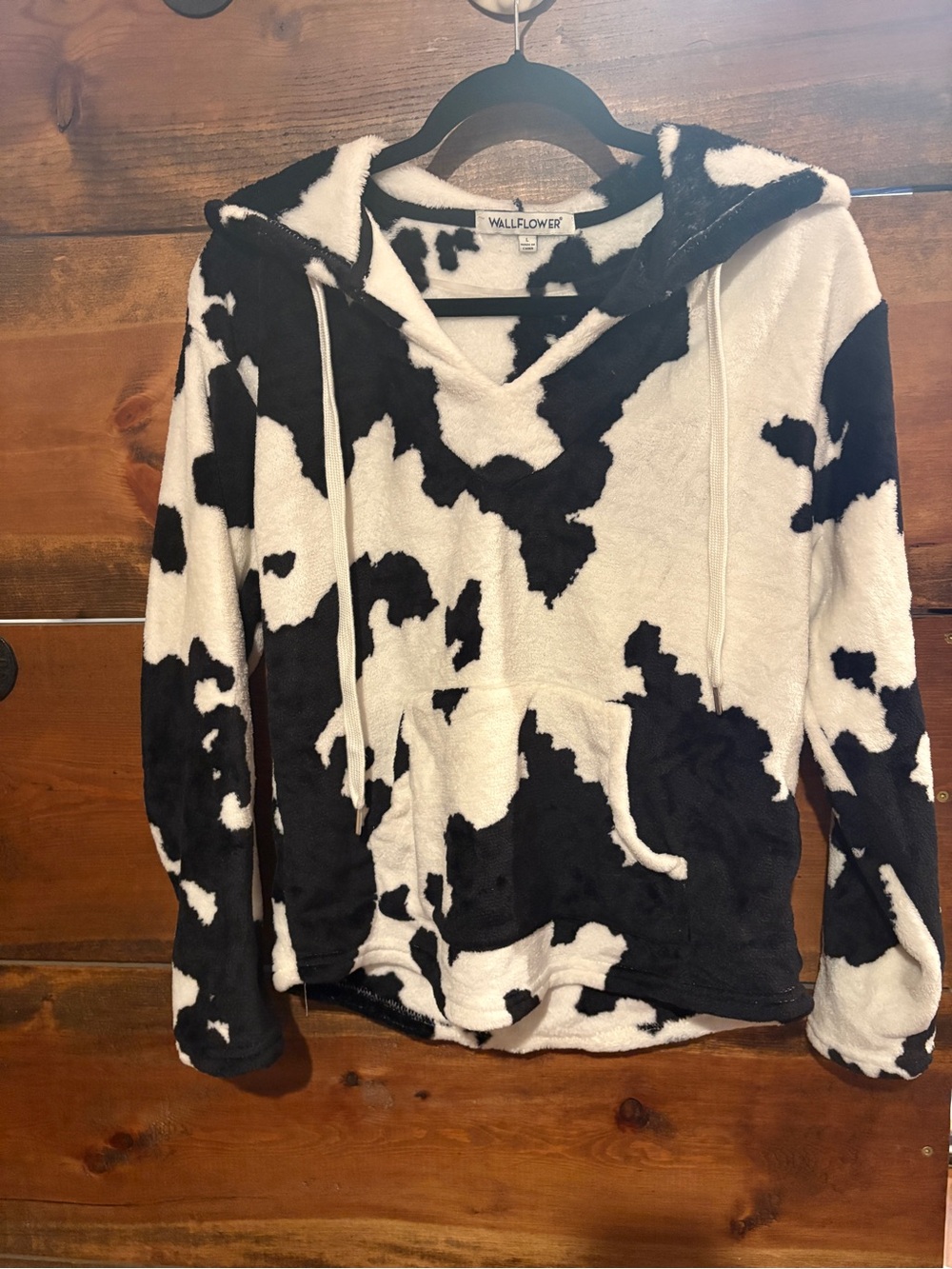 Wallflower Black and White Plush Cow-Print Hooded Pullover